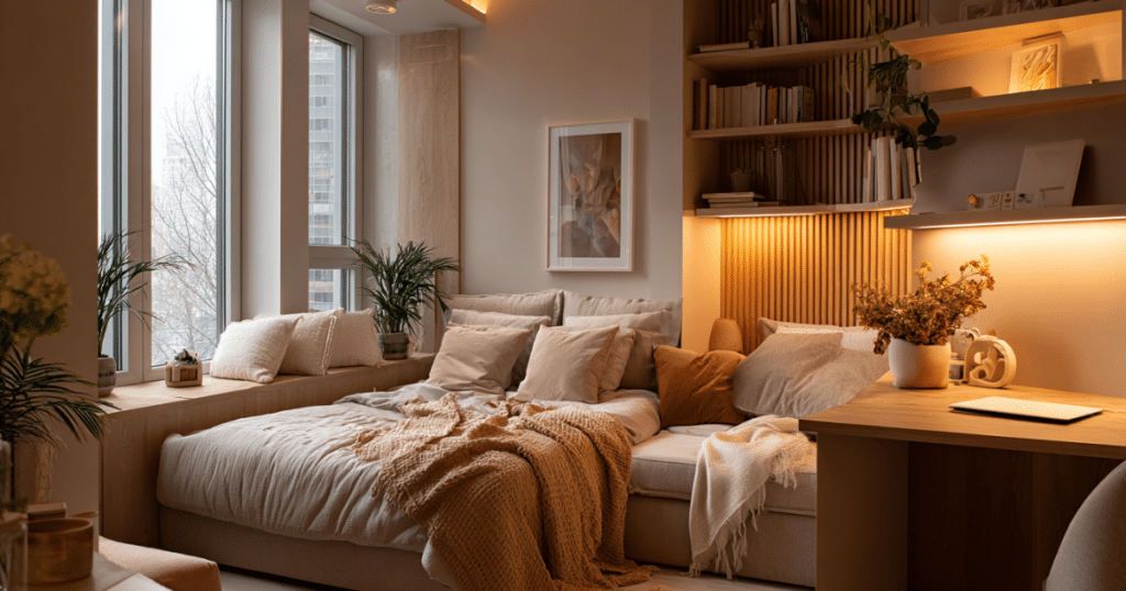 Bright studio apartment after makeover with layered warm lighting.