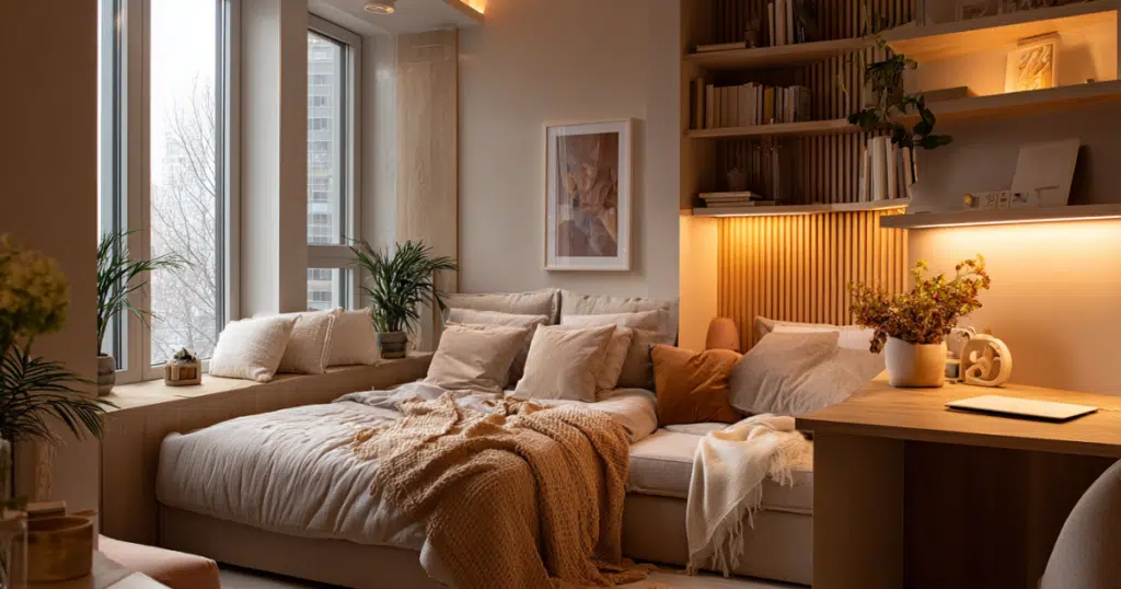 Bright studio apartment after makeover with layered warm lighting.