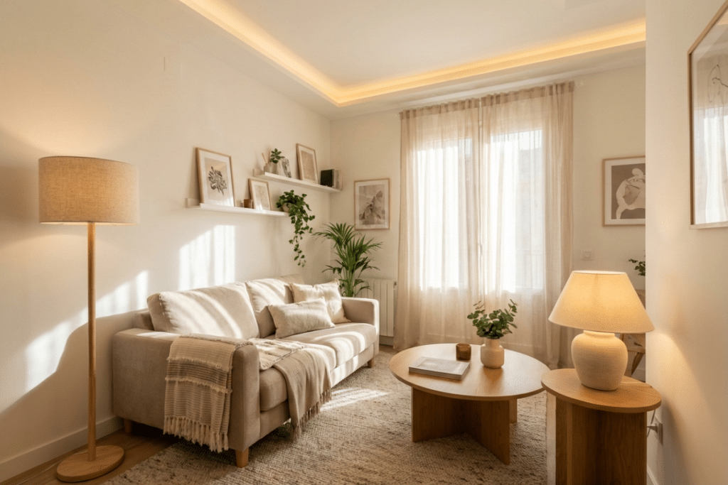 Bright small living room after makeover with warm white walls and layered lighting