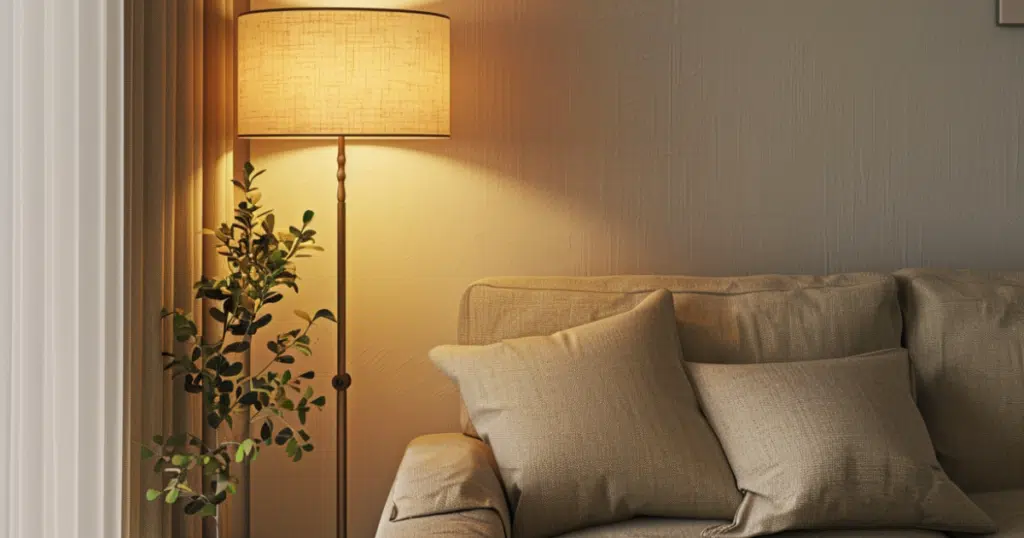 Slim sofa and foldable dining table in small studio apartment makeover.