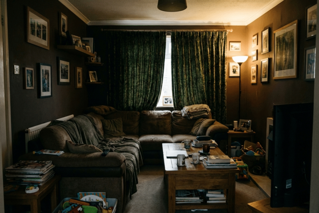 Small living room before makeover with dark walls and oversized furniture