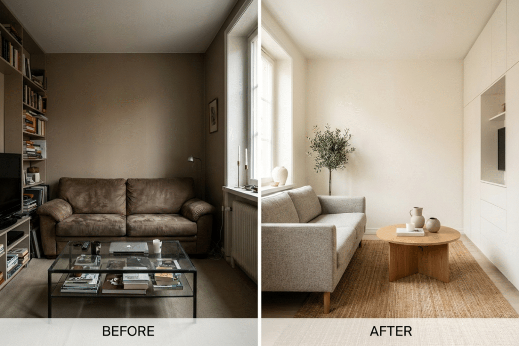 Small living room before and after transformation with improved layout and lighting