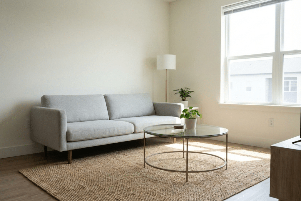 Small living room after layout fix with floating sofa and round coffee table