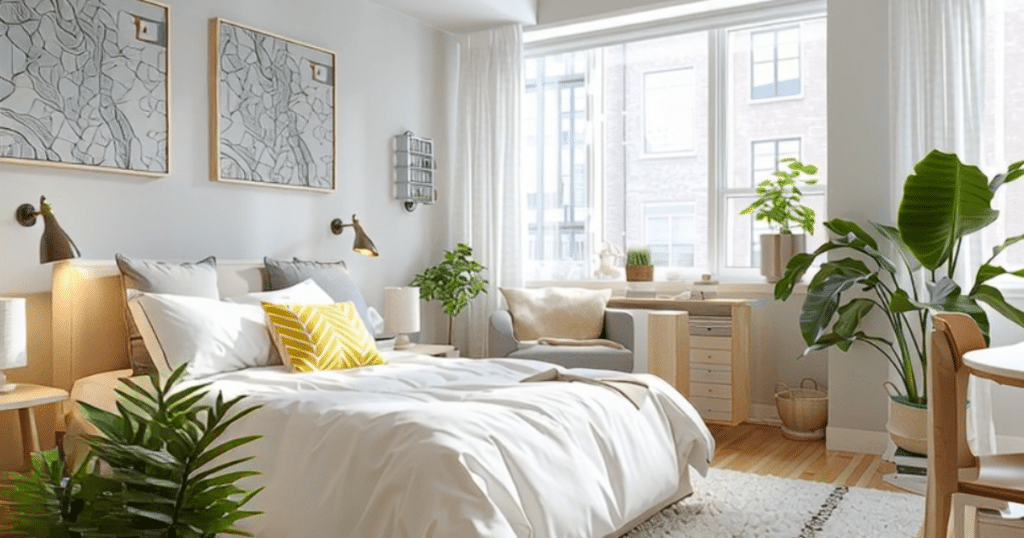 Under bed storage and floating shelves in small studio apartment after makeover.