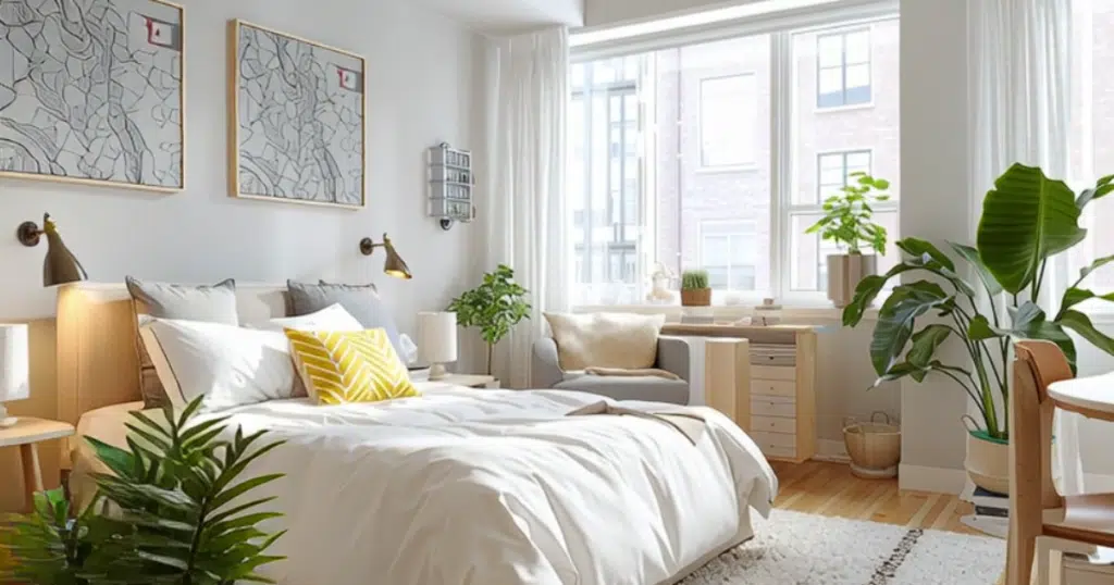Under bed storage and floating shelves in small studio apartment after makeover.