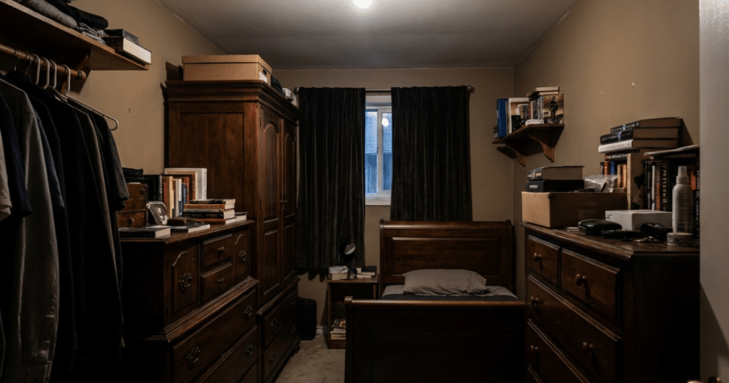 Small bedroom before makeover with dark walls and bulky furniture