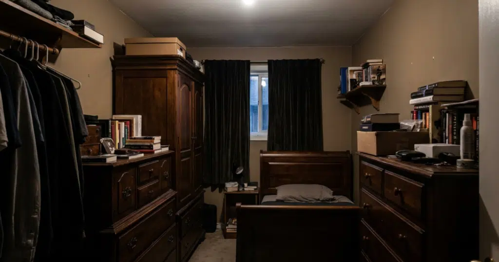 Small bedroom before makeover with dark walls and bulky furniture
