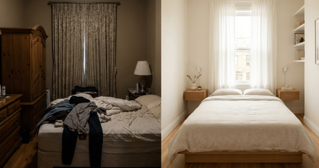 Small bedroom before and after transformation split screen comparison