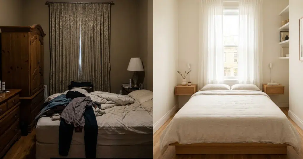 Small bedroom before and after transformation split screen comparison