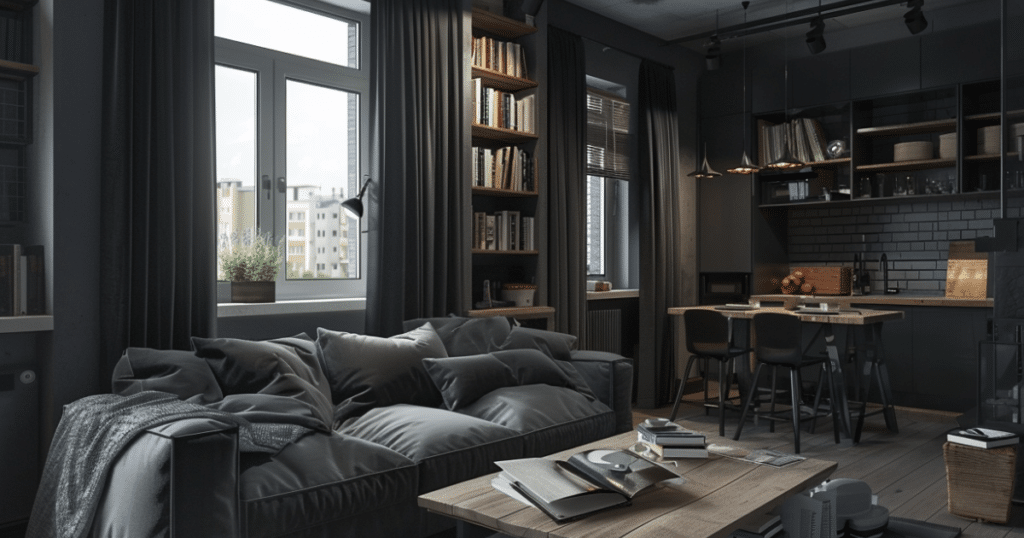 Small studio apartment before makeover with dark walls, oversized sofa and cluttered layout.