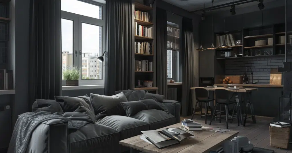 Small studio apartment before makeover with dark walls, oversized sofa and cluttered layout.