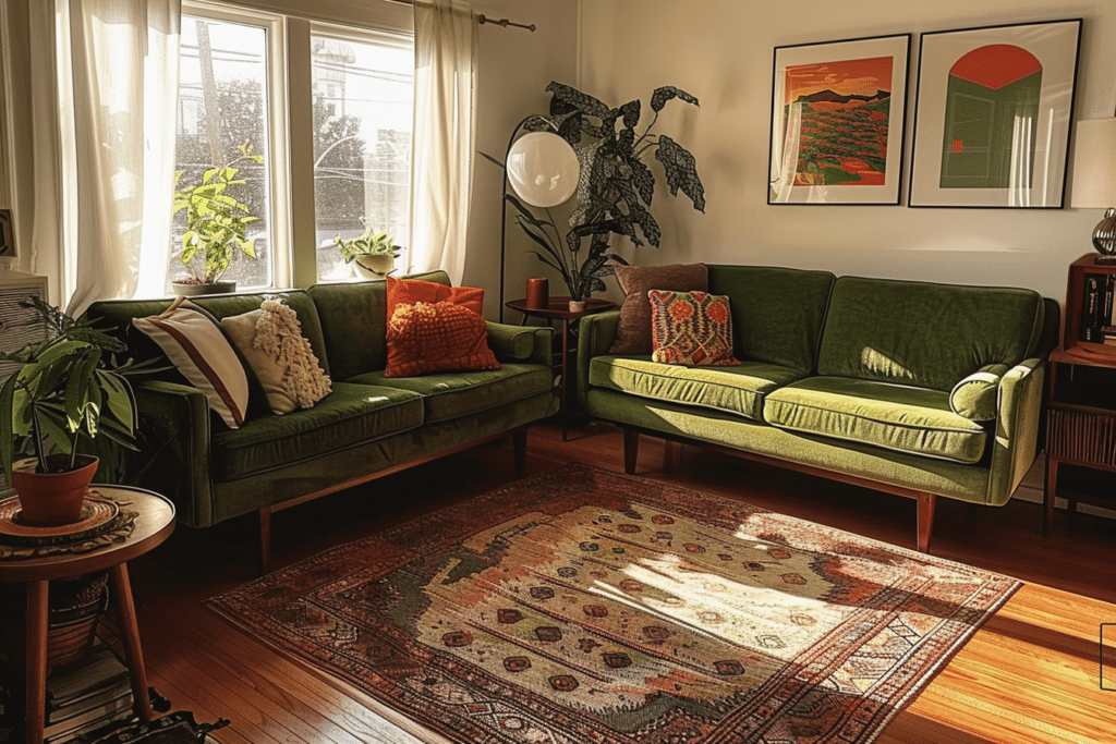 Vintage and Cozy Living Room Green Sofa Bold Rug Magic Interior Design Guide