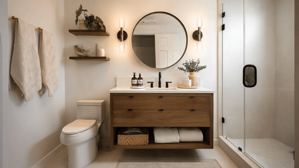 Small bathroom after renovation with floating wood vanity and warm white walls