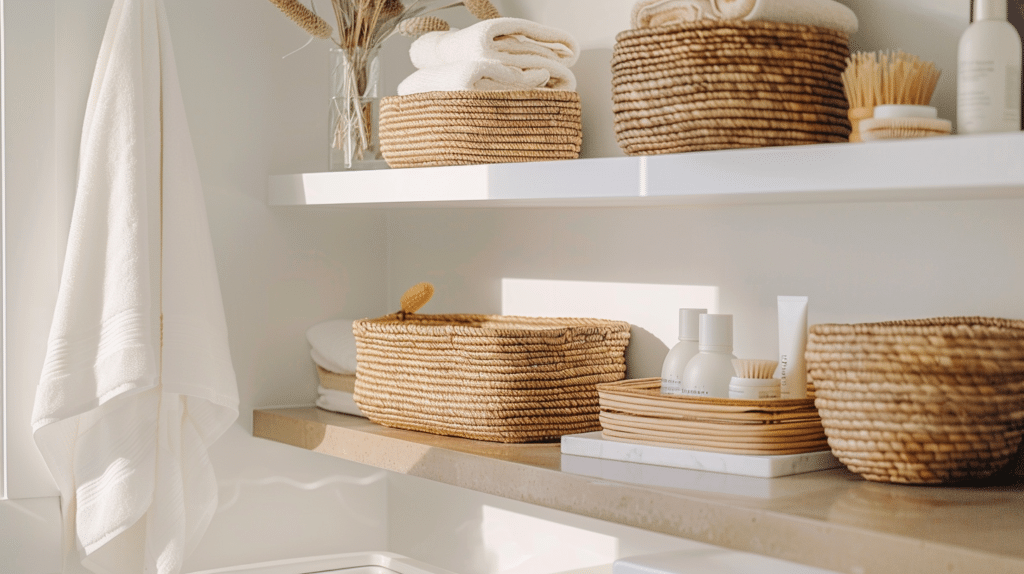 Floating shelves storage solution in small bathroom makeover