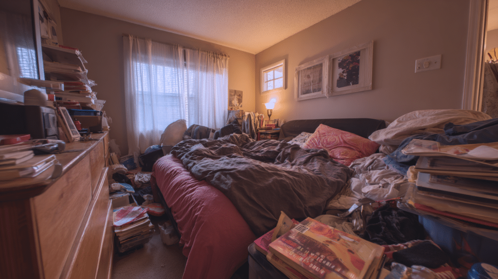 small bedroom before makeover cluttered dark apartment bedroom