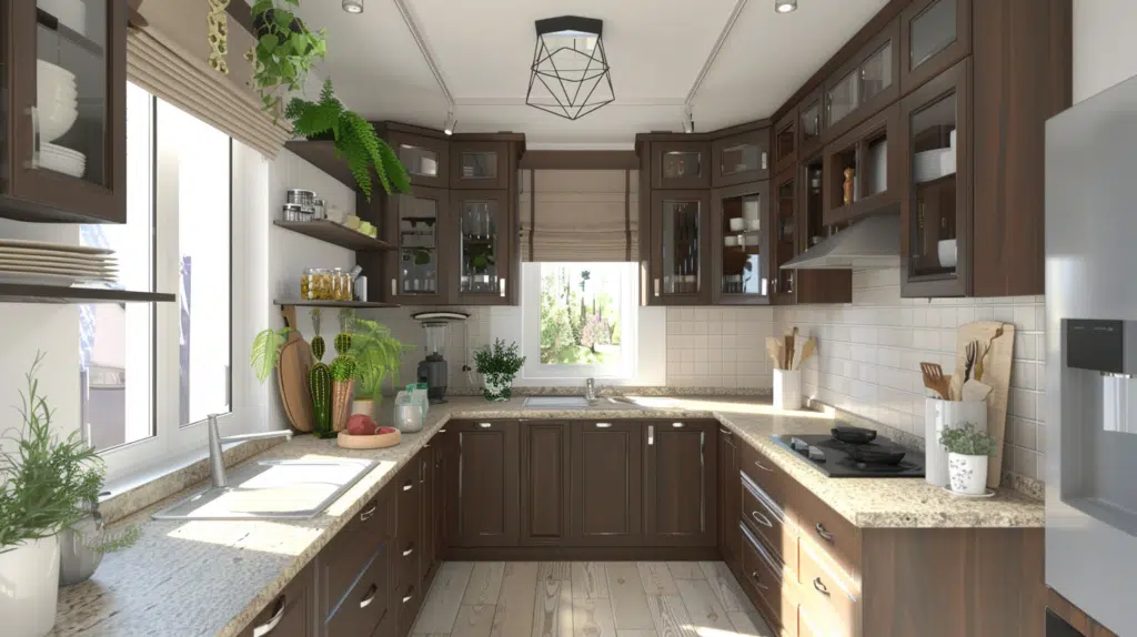 Small kitchen before renovation with dark cabinets and cluttered countertops