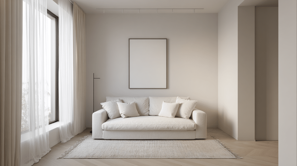 Small living room with centered artwork above the sofa creating visual focus