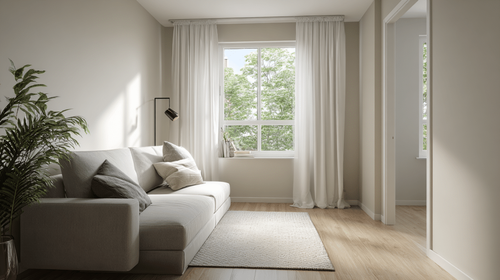 Small living room with large rug anchoring the seating area properly
