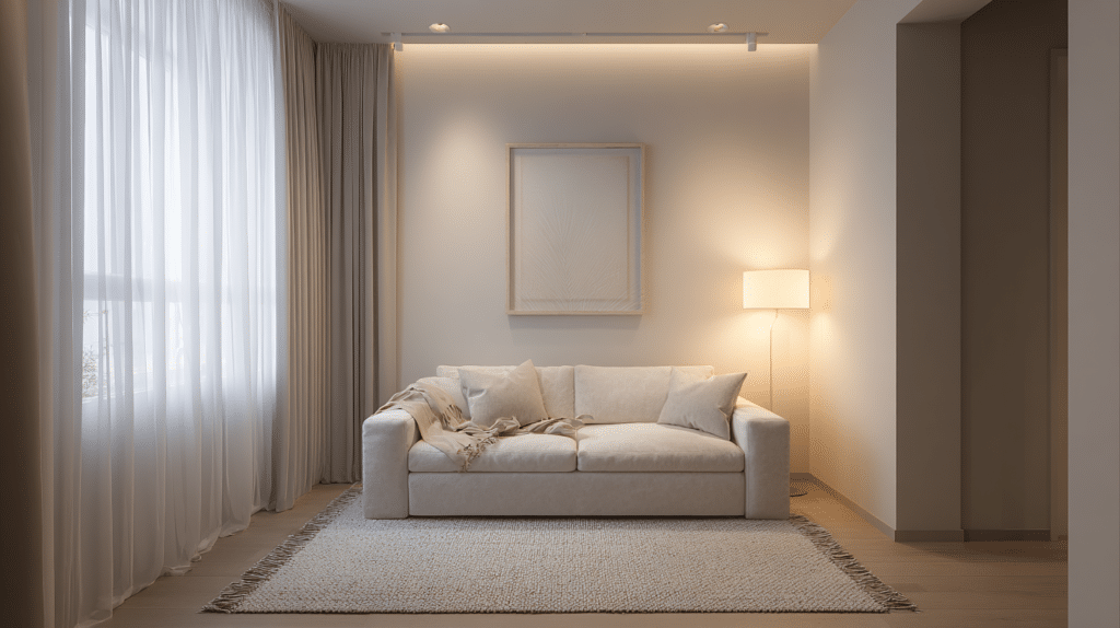 Tiny living room with layered lighting using a floor lamp and warm bulbs