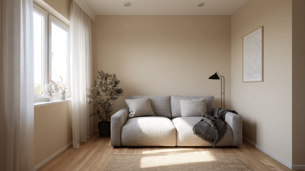 Tiny living room layout before fix with sofa against the wall and small rug