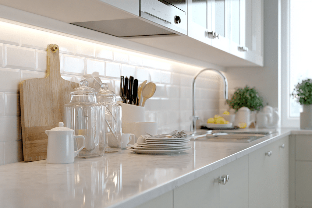 Compact apartment kitchen with cluttered coun