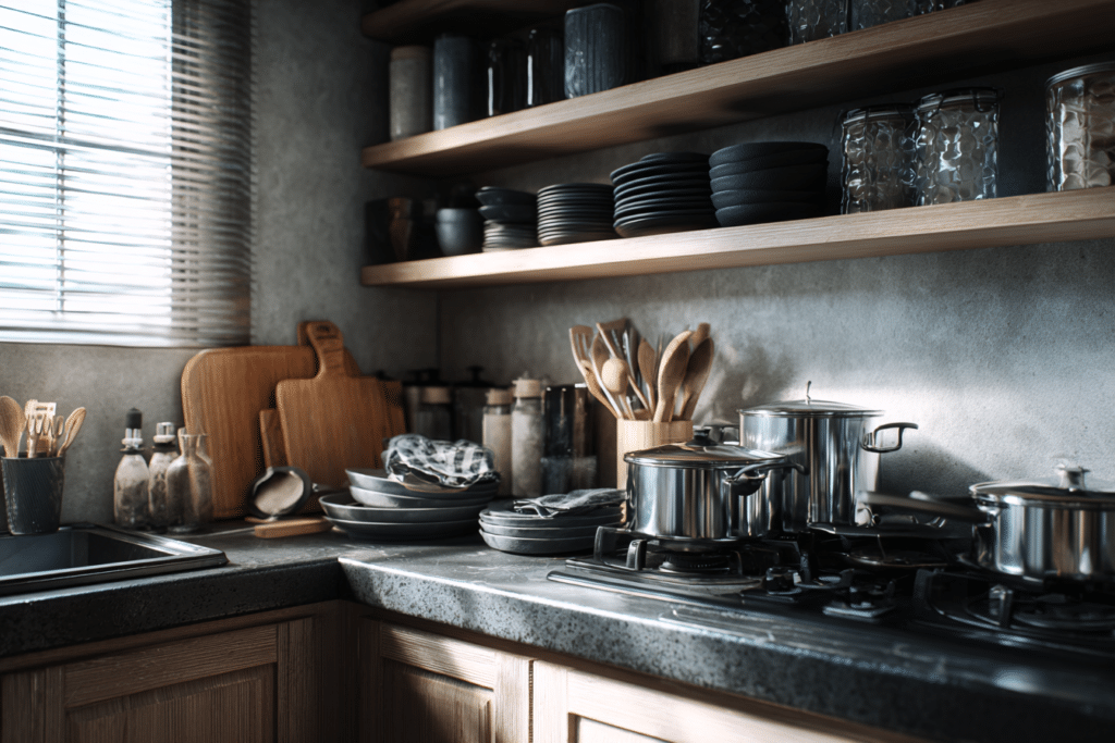 Messy small apartment kitchen with disorganiz