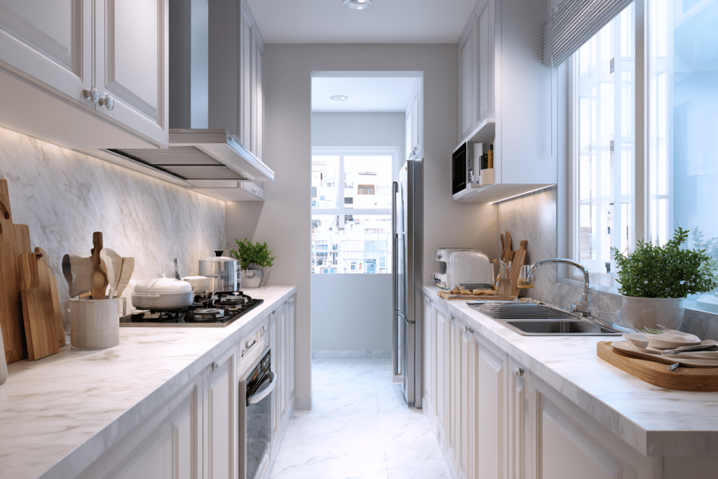 Old small condo kitchen with imited cabinet