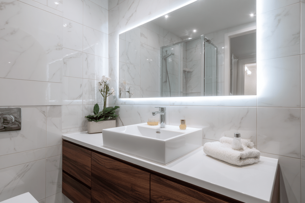Small bright bathroom with large wall mirror