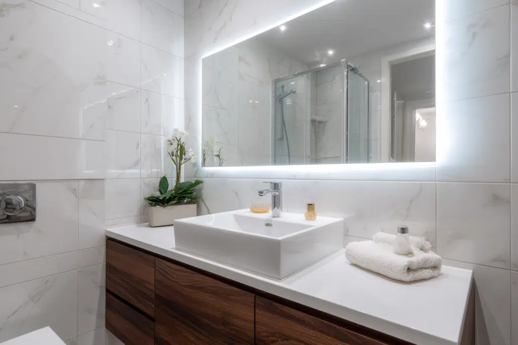 Small bright bathroom with large wall mirror