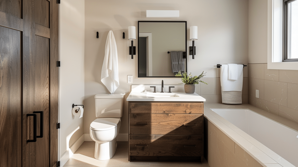 Small bathroom before renovation with dark walls and bulky vanity