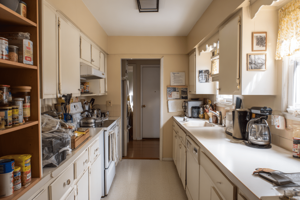 Small kitchen before makeover outdated cabine