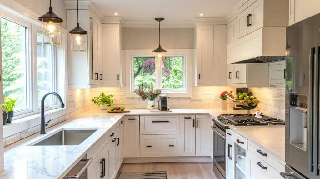 Small kitchen after lighting upgrade with white cabinets and layered illumination