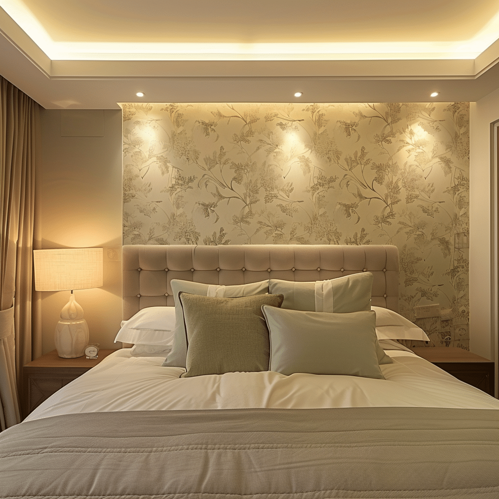 Bedroom Wallpaper with Warm LED Accents