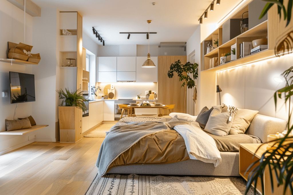 creating zones in a studio apartment with modern layout