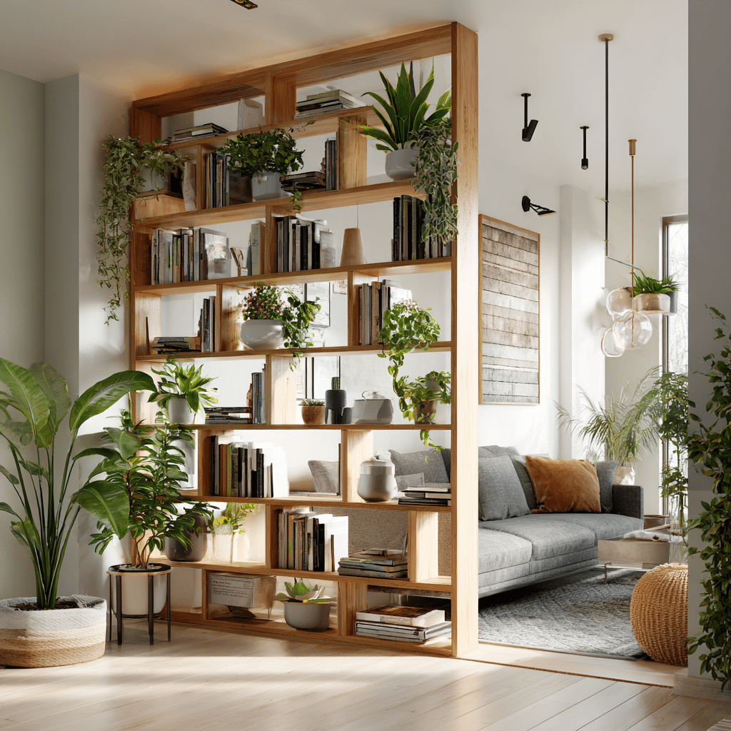 studio apartment design with open shelving divider