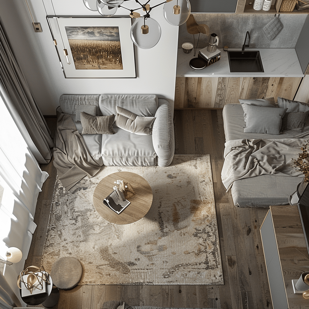 studio apartment layout ideas using rugs to create zones