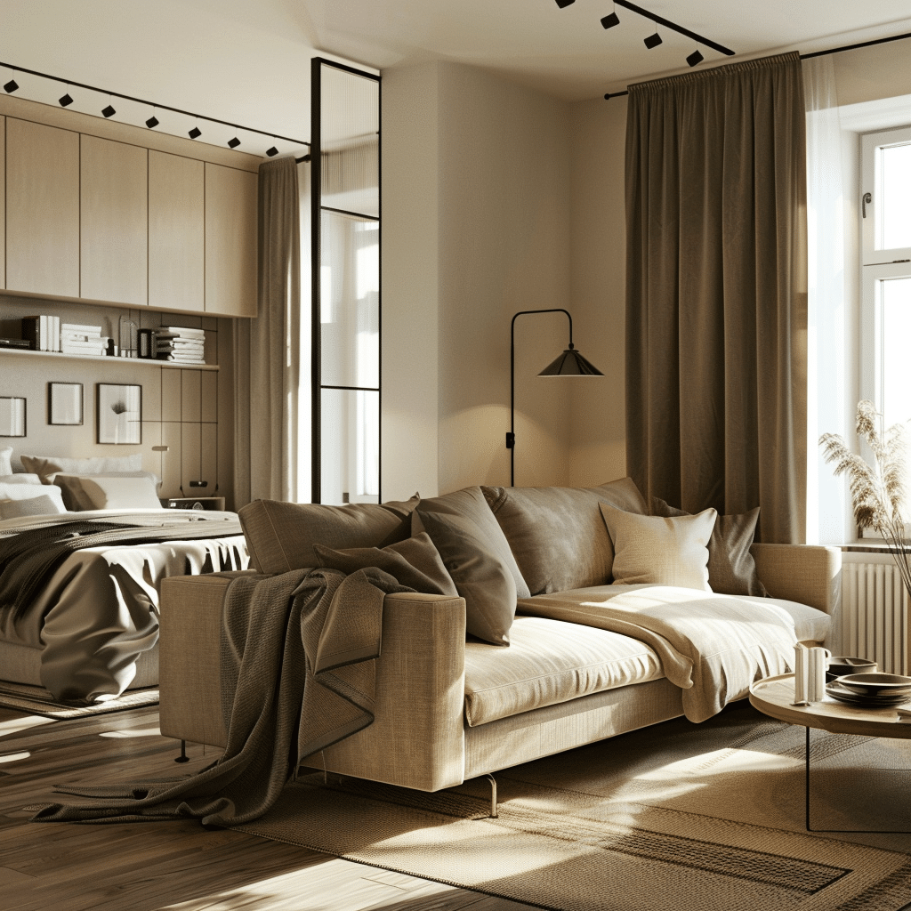 Studio apartment with sofa placed as divider between bed and living area, open layout, smart furniture placement, minimal decor, warm tones