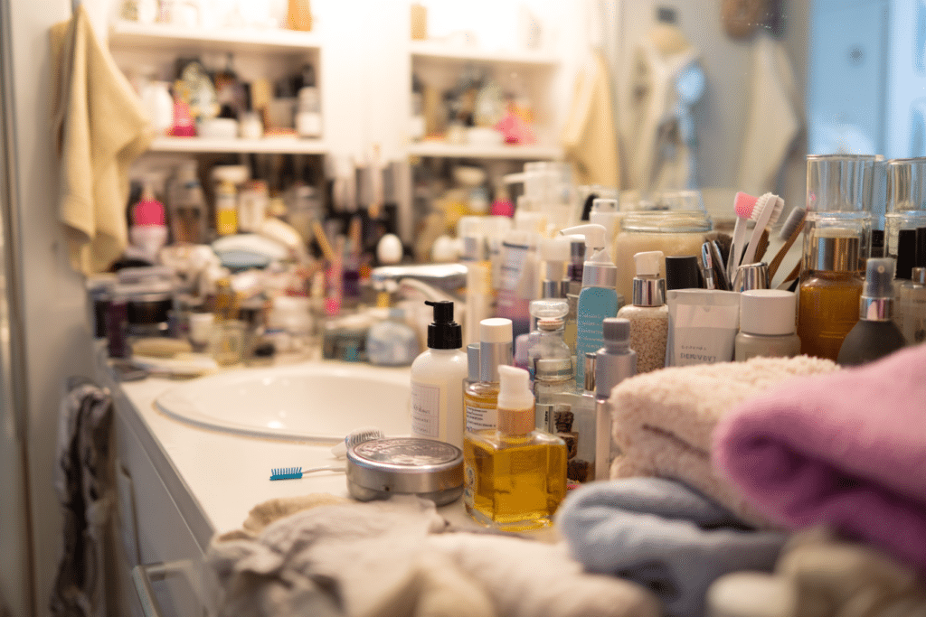 cluttered small bathroom before storage organization