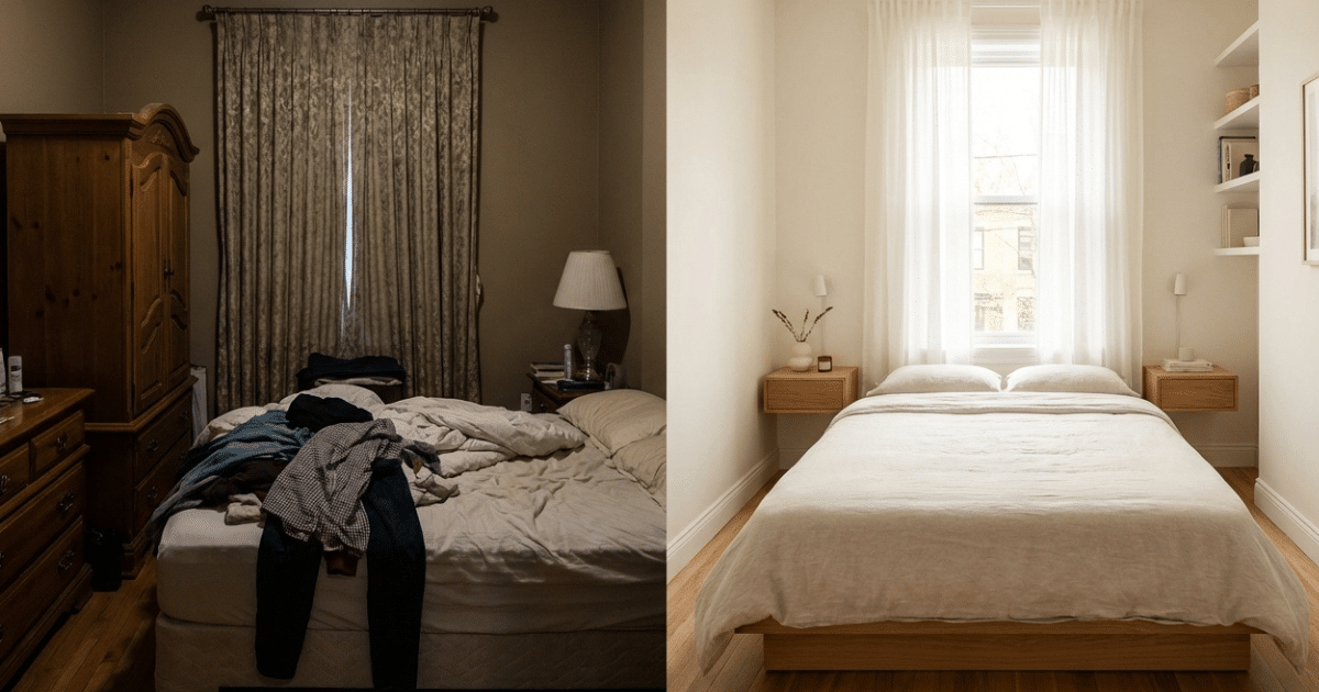 Small bedroom before and after transformation split screen comparison