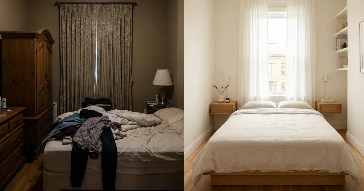 Small bedroom before and after transformation split screen comparison