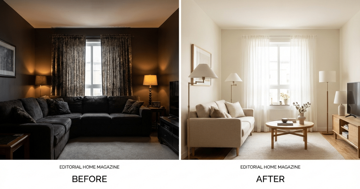 Small living room before and after transformation with smart layout fixes and bright neutral walls
