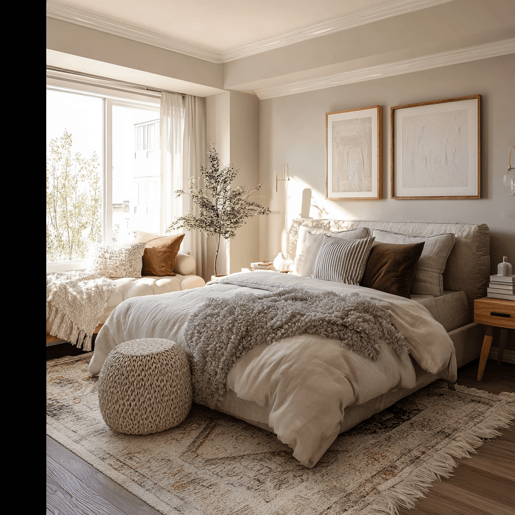 cozy bedroom makeover with gray walls and soft lighting