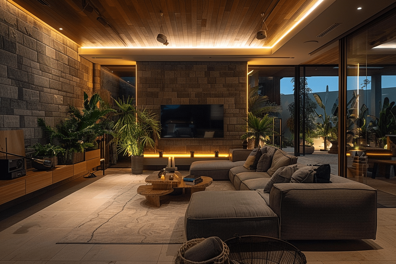 Modern Earthy Living Room – Natural Luxury with Warm LED Lighting