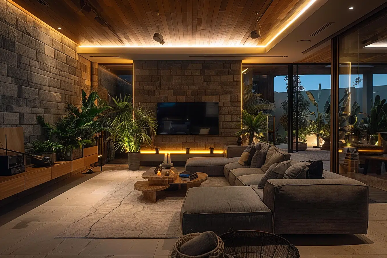Modern Earthy Living Room – Natural Luxury with Warm LED Lighting