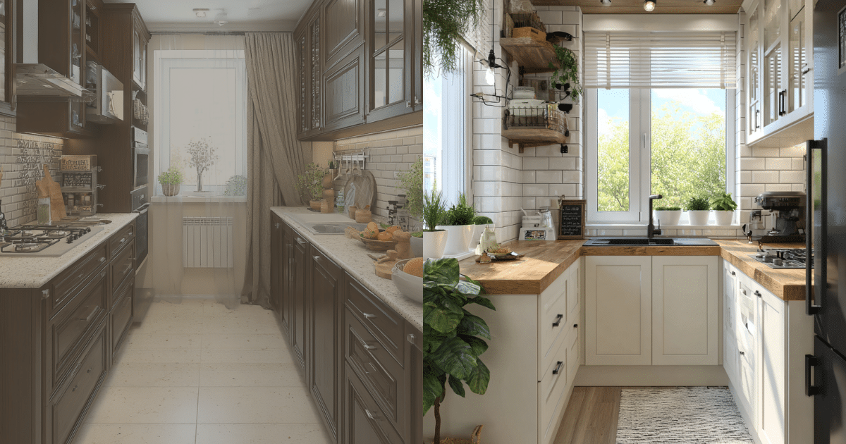 Small kitchen before and after transformation showing dark cluttered layout versus bright modern makeover
