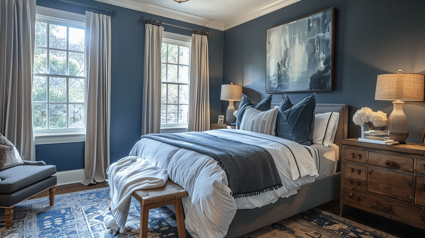 Classic Moody Blue Guest Room with Neutral Furniture