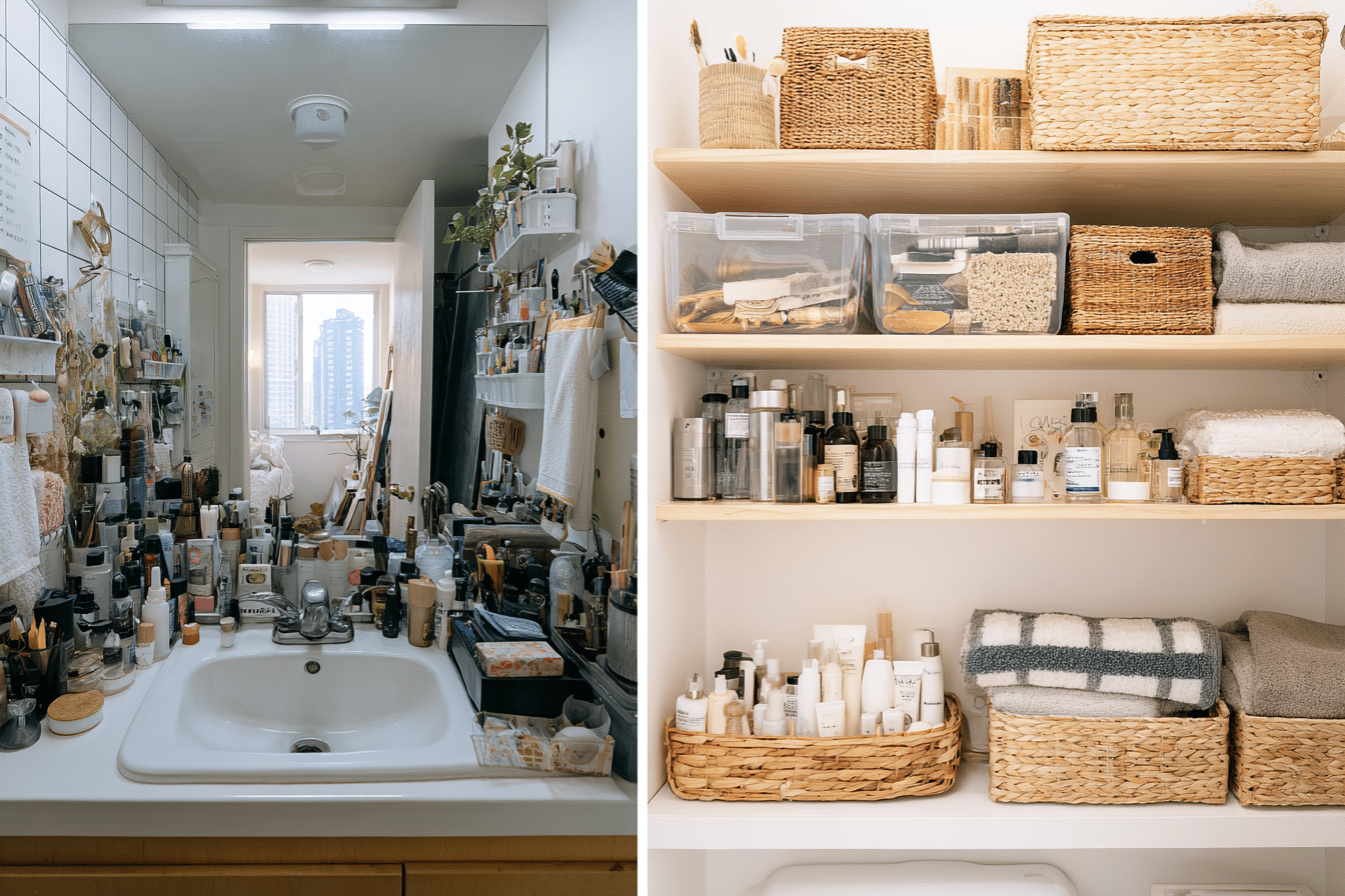 small bathroom storage before and after transformation in tiny apartment